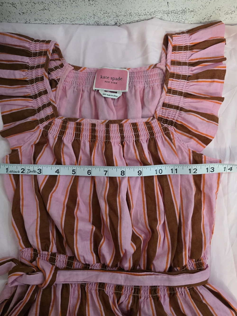 kate spade Pink and Brown Striped Midi Dress with Tie Waist and Ruffled Hem